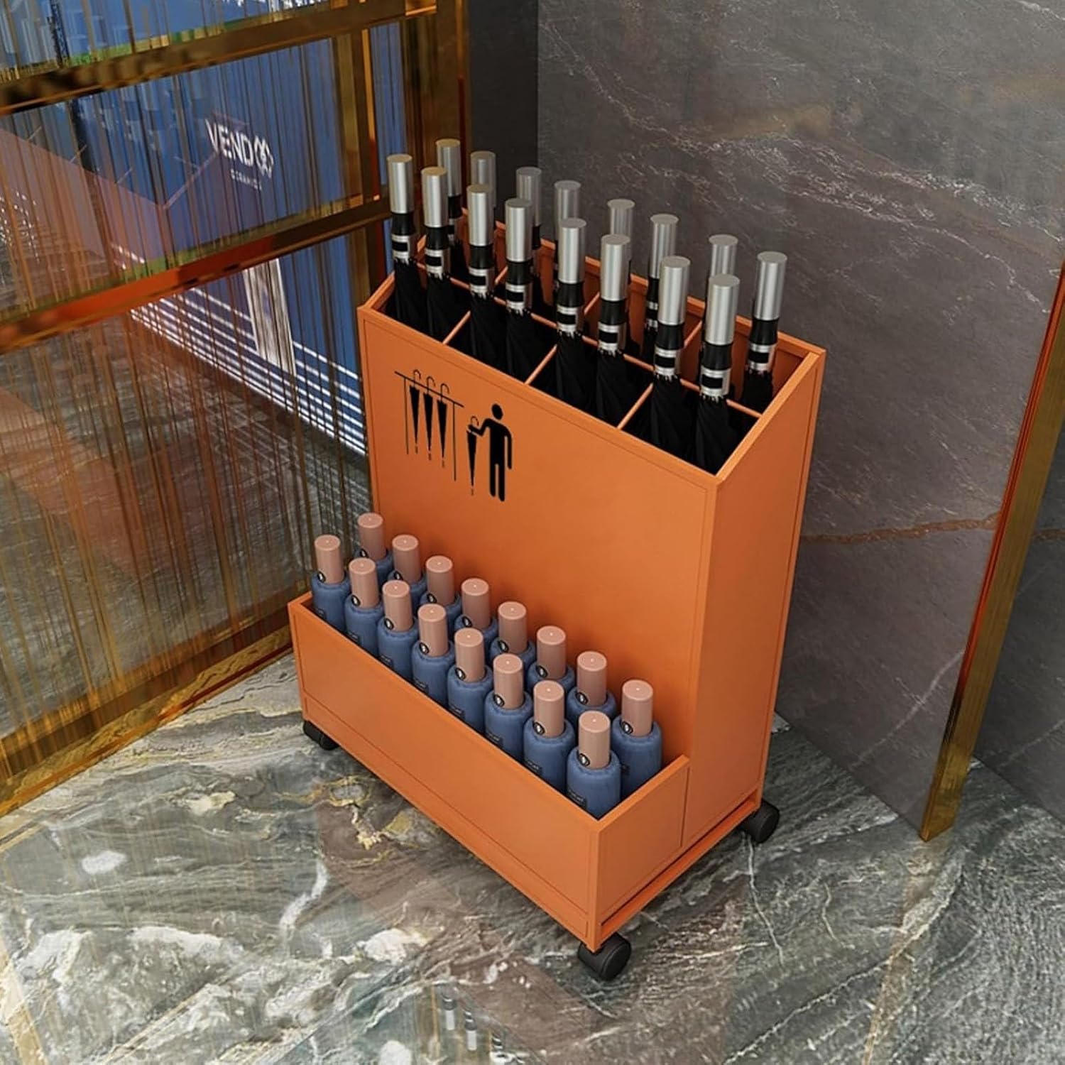 Movable Commercial Metal Large Capacity Umbrella Stand, Umbrella Holder with Removable Drain Tray, Indoor Entryway Umbrellas Stand Rack for Hotel, Offices, Home(Orange)