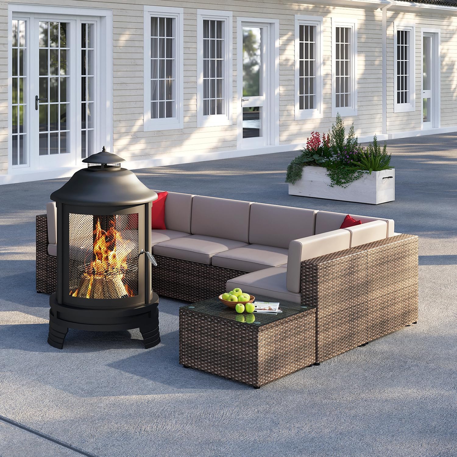 oneinmil 8-Piece Outdoor Furniture Set, with Large Fire Pit Chiminea, 2 in 1 Fire Pit for Outdoor, Wicker Rattan Sectional Conversation Set, and Coffee Table