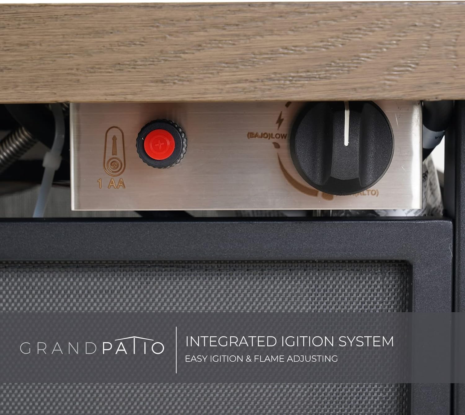 29 Inch Propane Fire Pit, Outdoor Fire Pit Wood Grain Square Smokeless Firepit Table with Sling Base, Light Brown Tabletop/Square