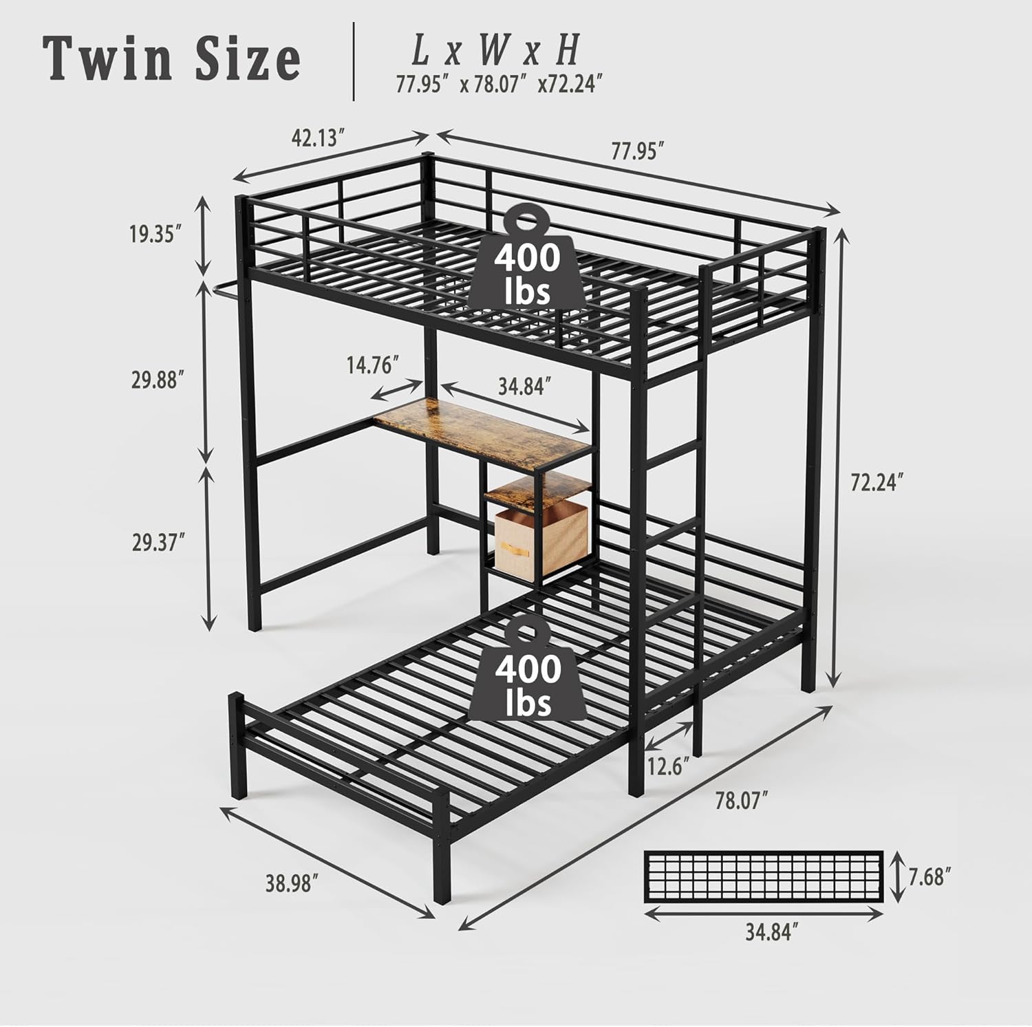 Bellemave Twin Over Twin bunk Bed with Desk and LED Charging Station, loft Bed with Desk and Shelves Drawer, Twin Over Twin Metal Bunk Beds with Storage, Black