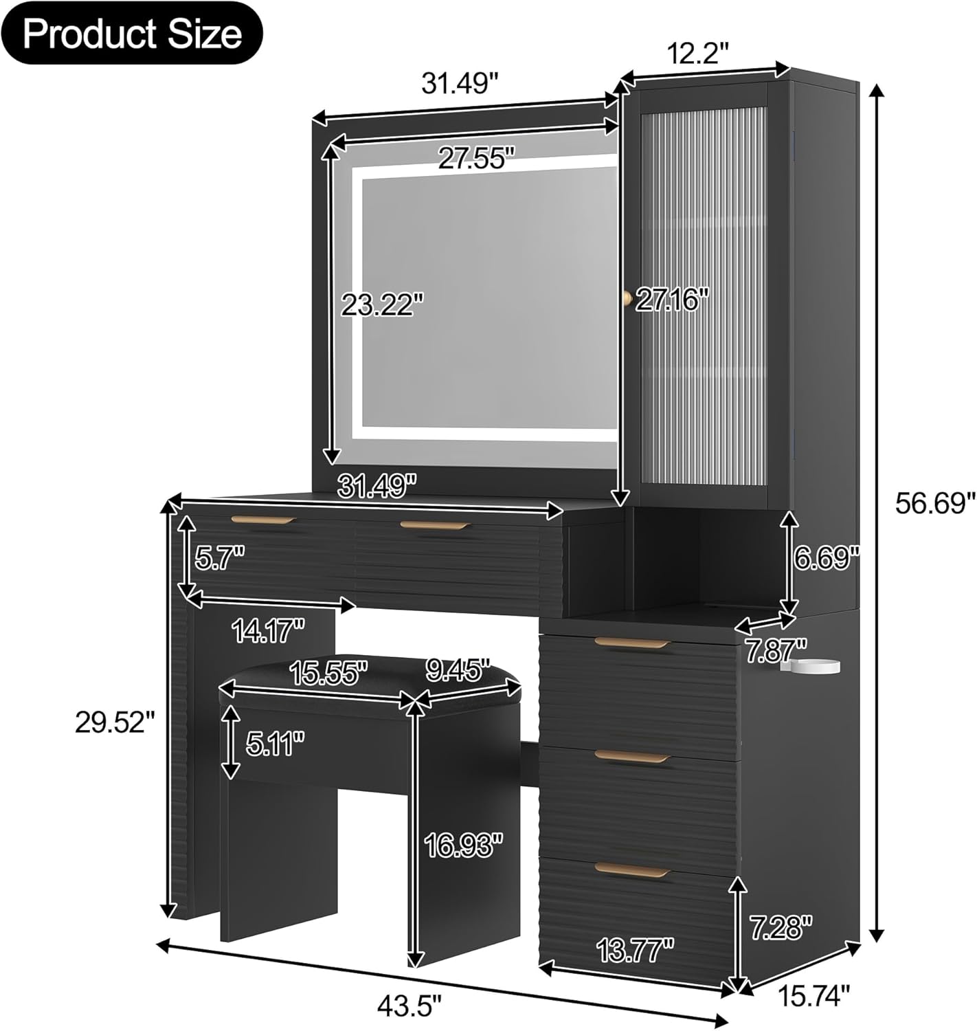 Merax Elegant Vanity Desk with Mirror and Lights, Fluted Makeup Vanity Table & Charging Station, Storage Drawers and Glass Door Cabinet, Black Dressing Table with Stool for Bedroom