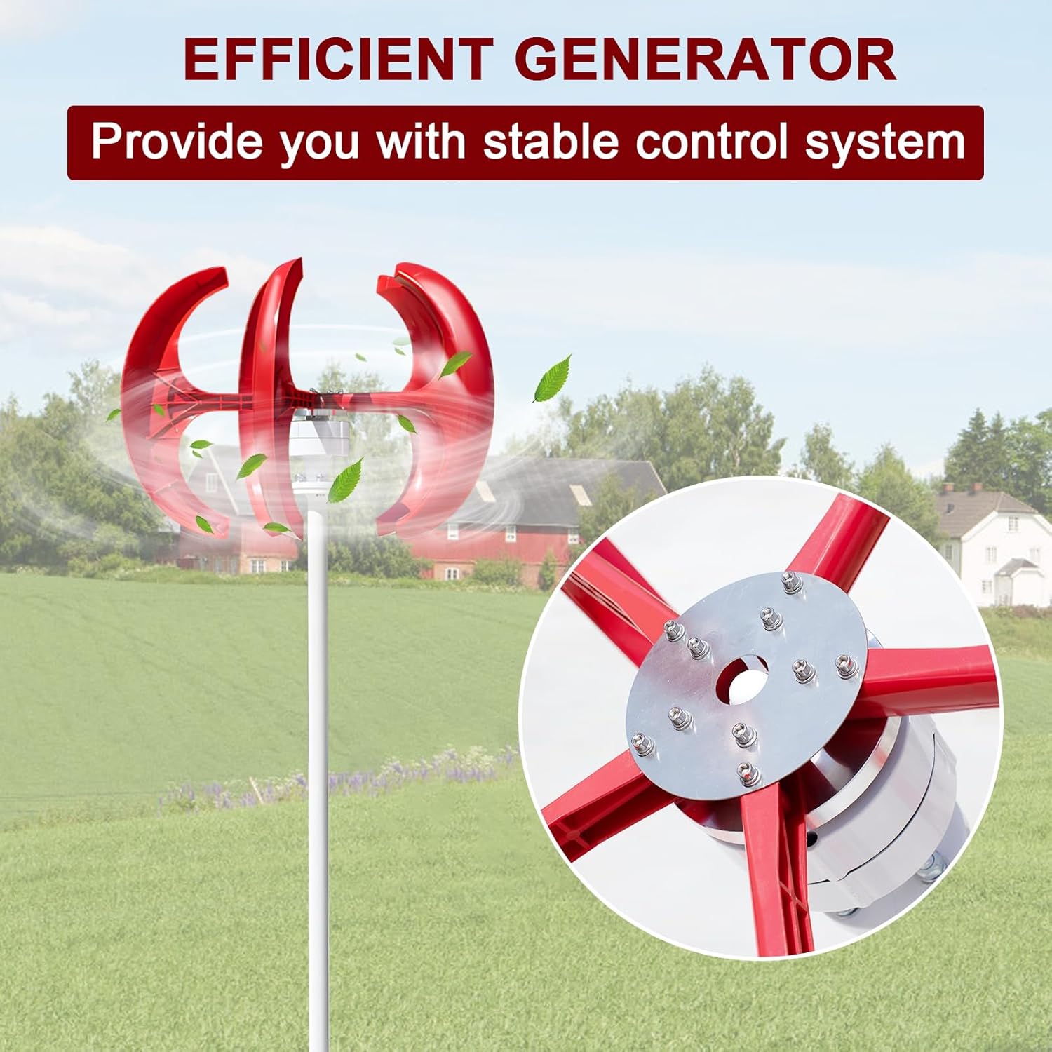 1000W Wind Turbines, 12V/24V 5 Blade Wind Vertical Generator, 3 Phase AC Permanent Magnet Generator, Wind Turbines Kit with Controller for Wind & Solar System Red