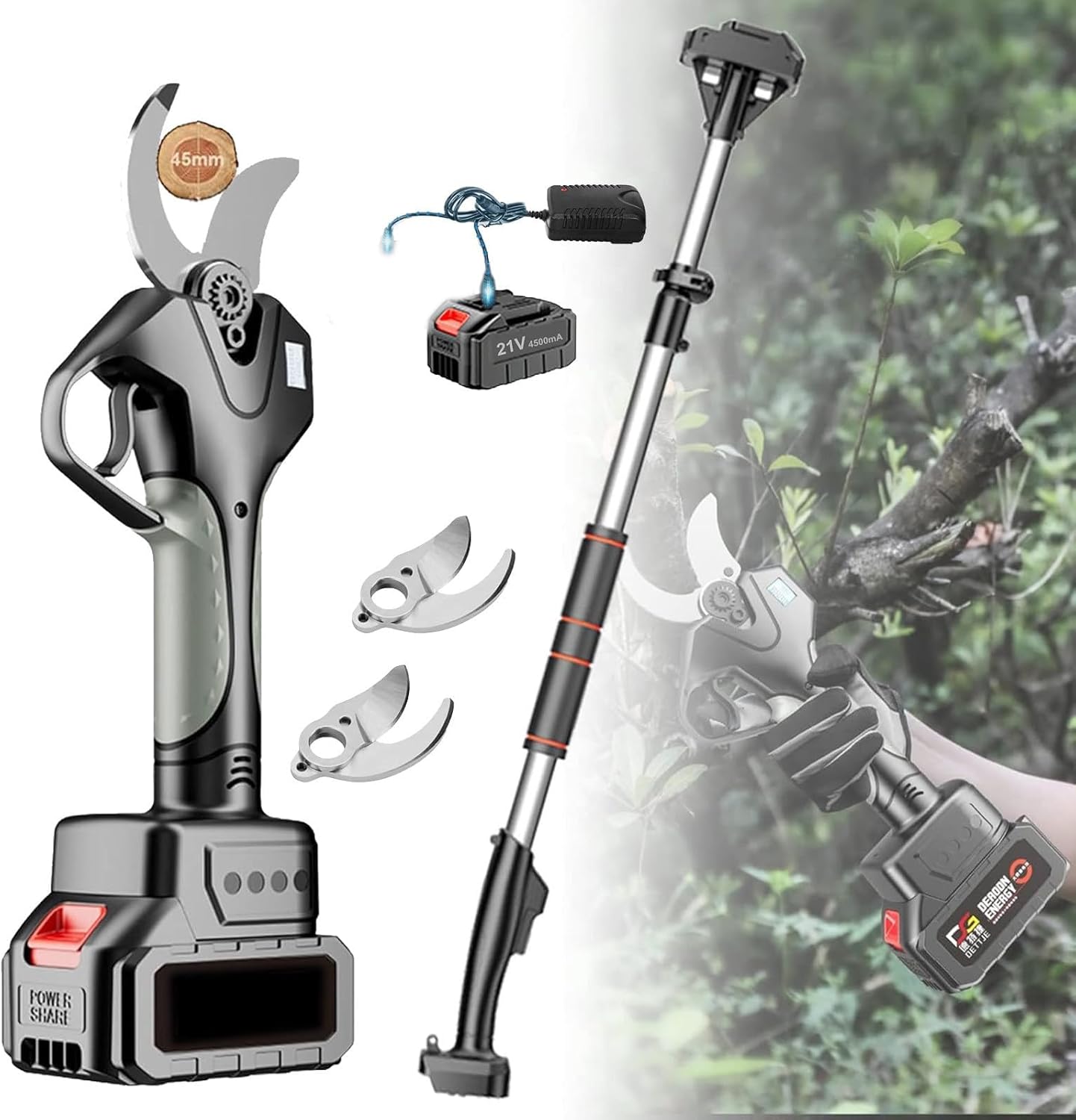 Electric Pruning Shears, Brushless Electric Pruning Shears, 45mm Battery Powered Electric Pruning Shears, With 2.1m Pole for Hedge, Bush, Orchard