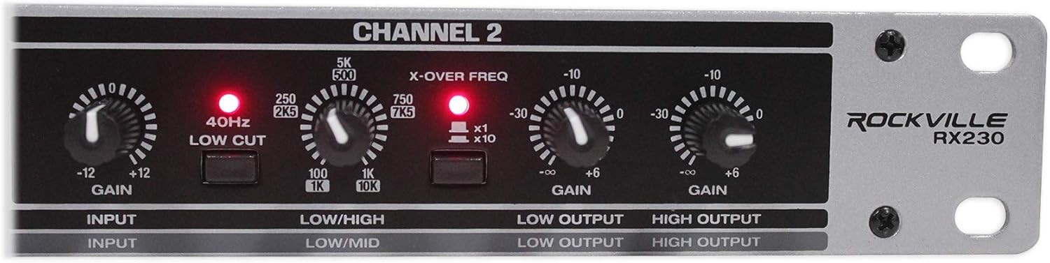 Rockville RX230 2-Way Stereo/3-Way Mono Crossover, XLR Input/Output, Adjustable Crossover Range, 24 dB/Octave Filters, Rack-Mountable for DJs and Live Sound