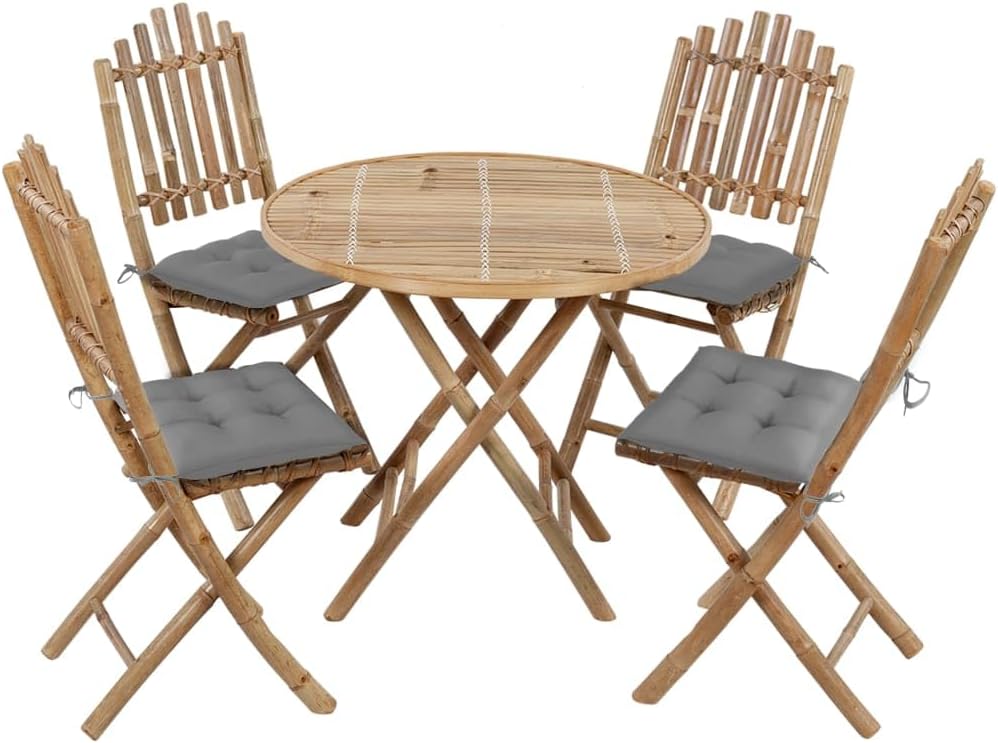 Foldable Outdoor Dining Set, 5-Piece Bamboo Patio Furniture, Round Table & 4 Chairs with Cushions, Natural Finish, 31.5 Inch, for Garden Balcony