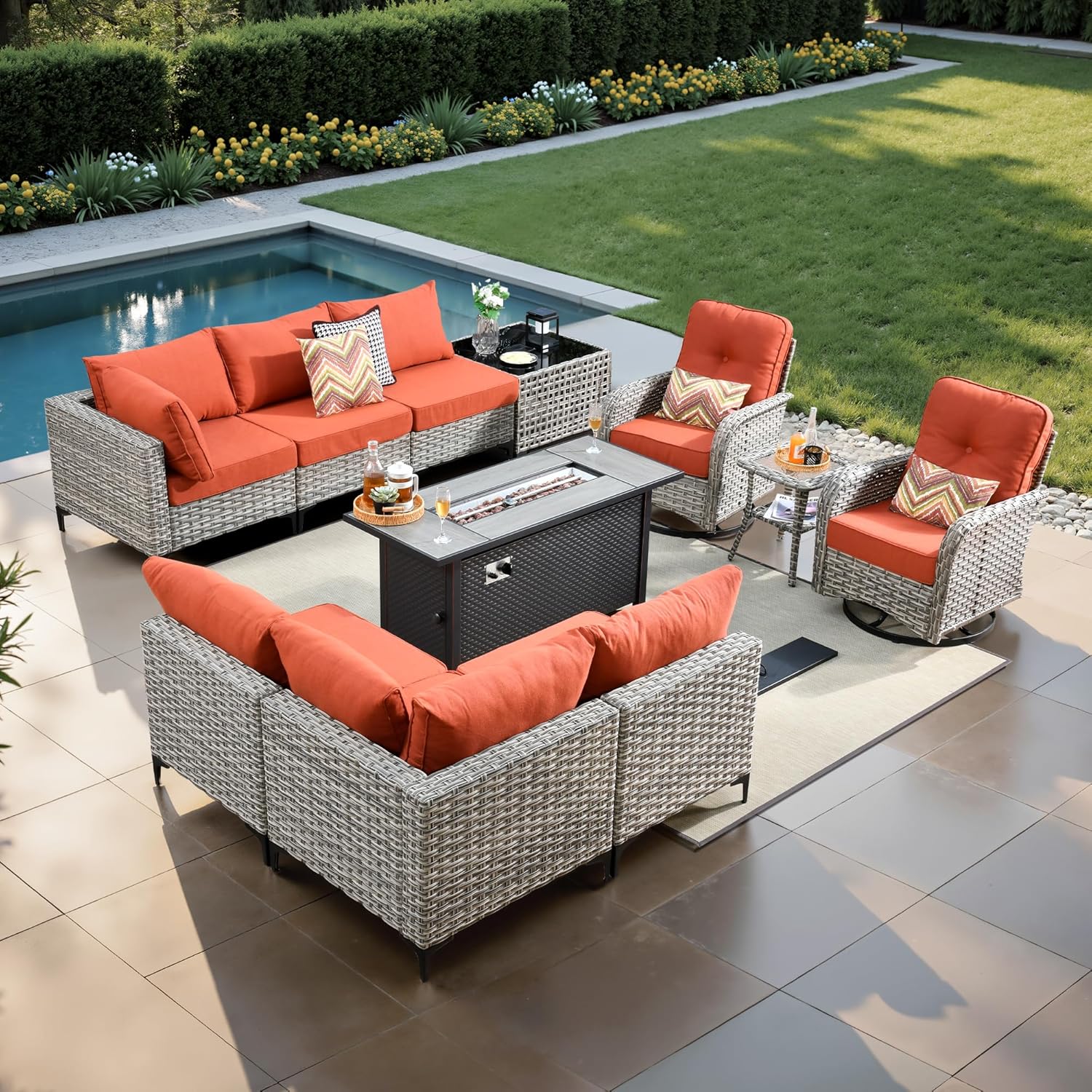 11 Pcs Patio Furniture with Fire Pit Table, Outdoor Rattan Wicker Conversation Set with Glowing Coffee Table, Comfy Sectional Sofa for Porch Balcony Backyard Pool, Orange