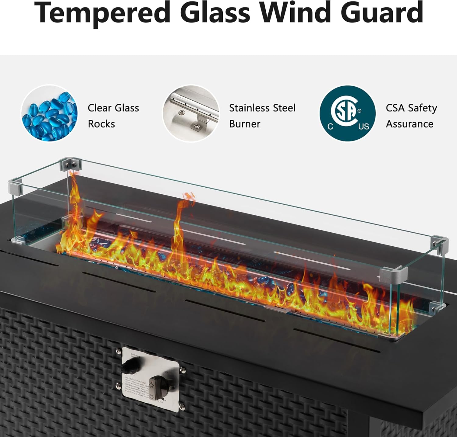 Royalcraft 43?Outdoor Propane Fire Table Set with Heavy-Duty Glass Stones, Glass Wind Guard, Lid & Water-Resistant Cover, Rectangle Fire Pit Table, 50,000 BTU Metal Fire Pit Table for Patio, Deck