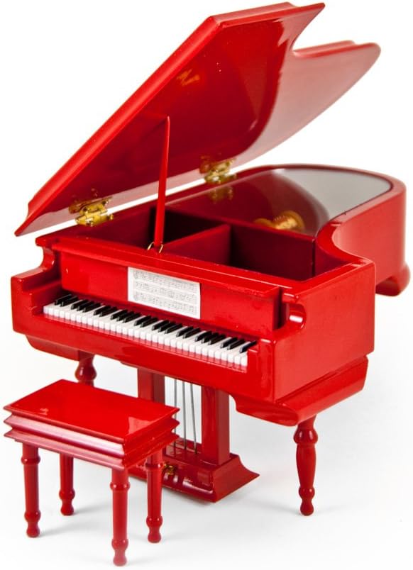 Sophisticated 18 Note Miniature Musical Hi - Gloss Fire Engine Red Grand Piano with Bench - Many Songs to Choose - Pearly Shells