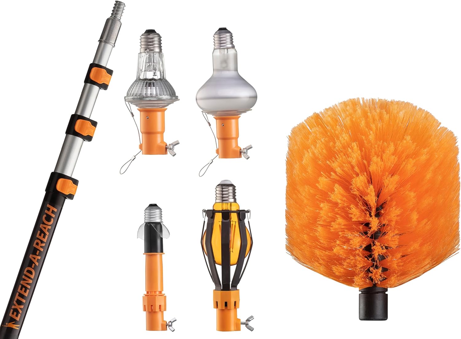 4-12 ft Telescopic Light Bulb Changer for High Ceilings with Cobweb Duster Head Brush // Light Bulb Remover Kit - Suction Cups, Basket and Microfiber Cloth // Spider Web Remover for Outdoor & Indoor