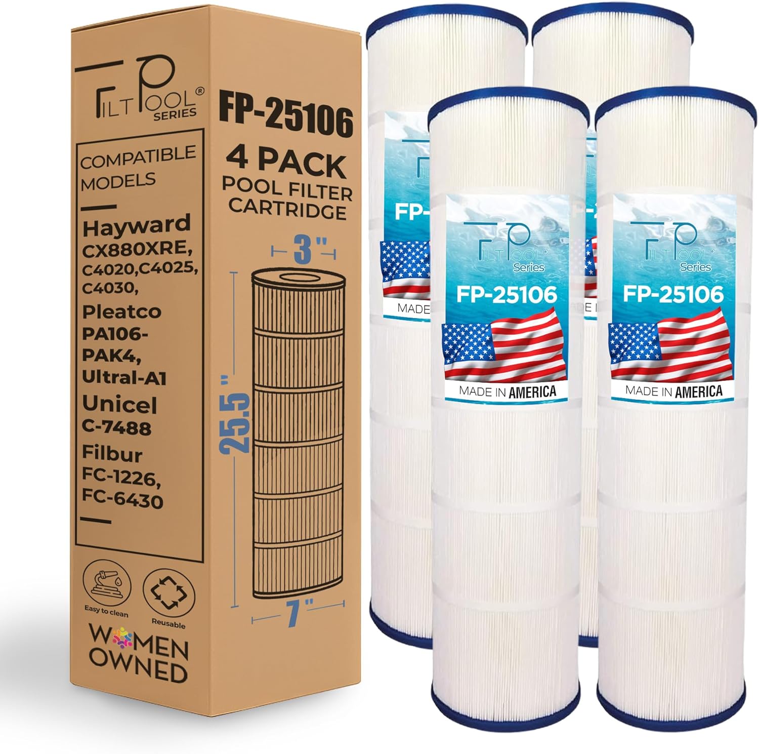 FP-25106 - Pool Filter Replacement for Hayward CX880XRE, C4020, C4025, C4030, Pleatco PA106-PAK4, Ultral-A1, Unicel C-7488, Filbur FC-1226, FC-6430 - Filter Cartridge - 4 Pack, 109 SQFT/pc
