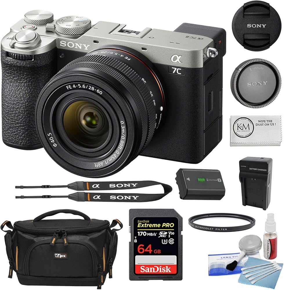 Sony a7C II Mirrorless Camera with 28-60mm Lens | Silver Bundle with 64GB Memory Card + 40.5mm UV Filter + 5-Piece Camera Cleaning Kit + Battery Charger + Cloth + Camera Case (7 Items)
