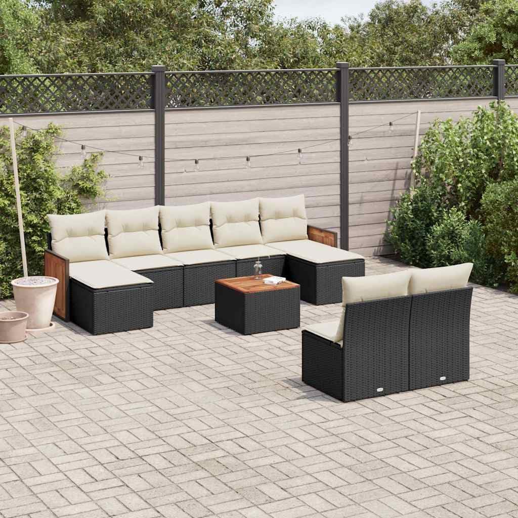 10-Piece Modular Garden Sofa Set Black and Cream, UV-Resistant Poly Rattan Outdoor Furniture with Built-in Waterproof Storage, Acacia Wood Frame, Weatherproof Patio Seating