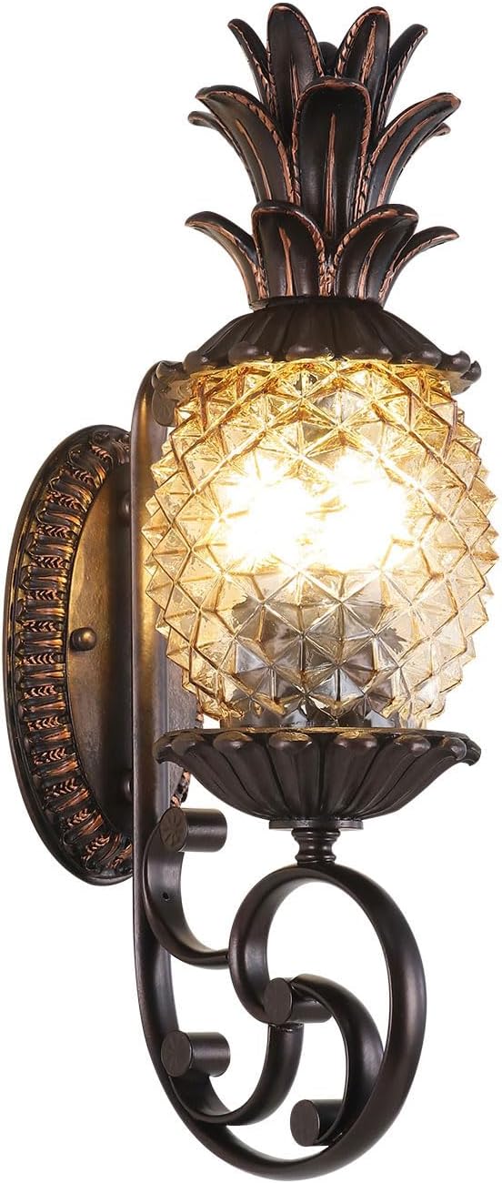 Pineapple Outdoor Wall Sconce, 3-Light E12 Candelabra Base, Waterproof Aluminum Porch Light with Clear Diamond Glass, Tropical Coastal Wall Lamp for Entryway, Patio, Front Door