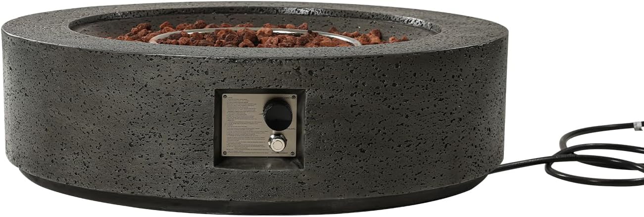 Outdoor Fire Pit, 42 inches Round Propane Gas Patio Fire Table 50,000 BTU Concrete Travertine Design, Circular Base Firepit with Lava Rocks, Waterproof Cover (Grey)
