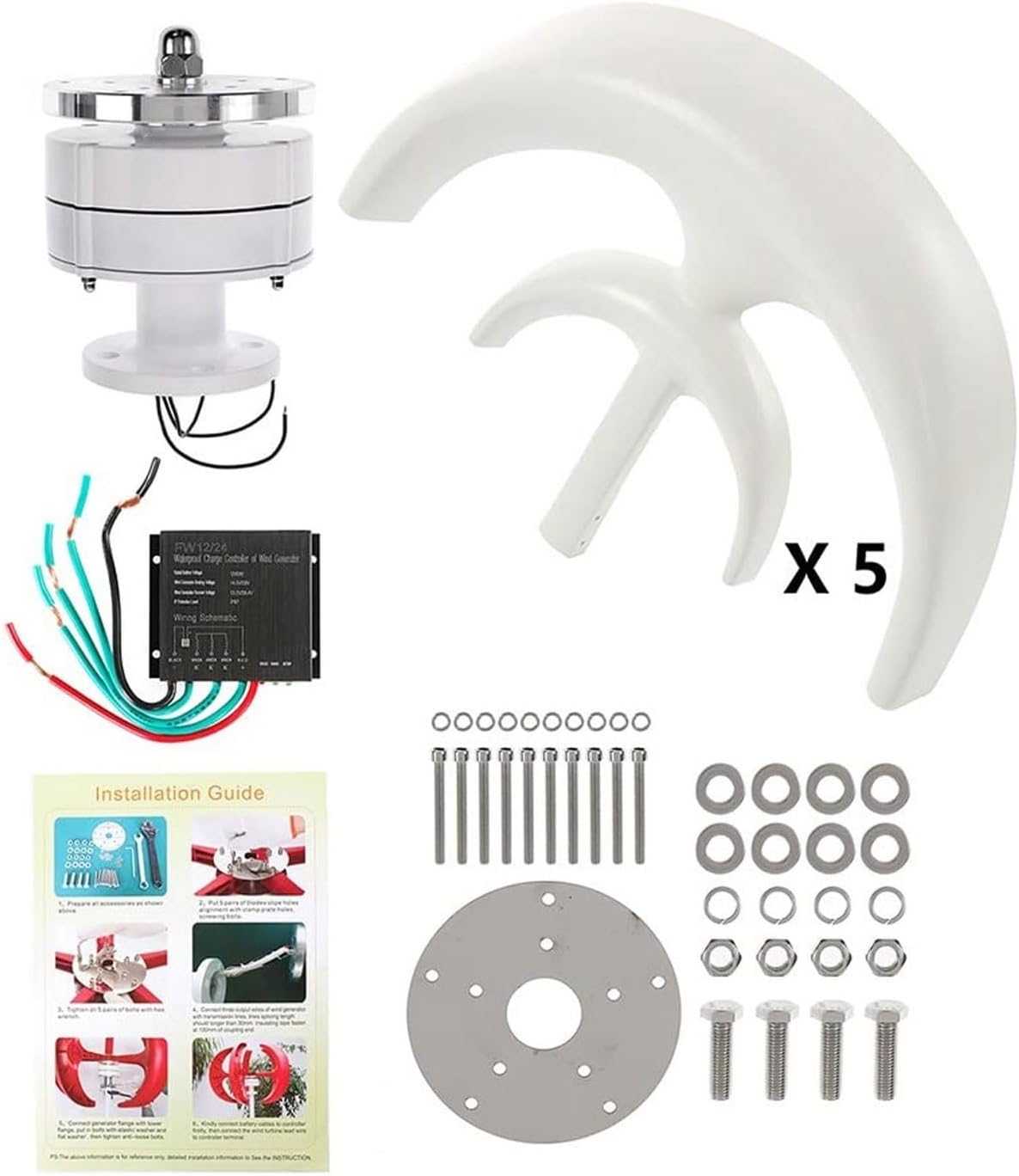 5 Blades 800W 12V/ 24V Vertical Axis Wind Turbines with Controller, Lantern Wind Generator Kit Low Wind Speed Starting Three-Phase AC Permanent Magnet Generator (12, Volts)