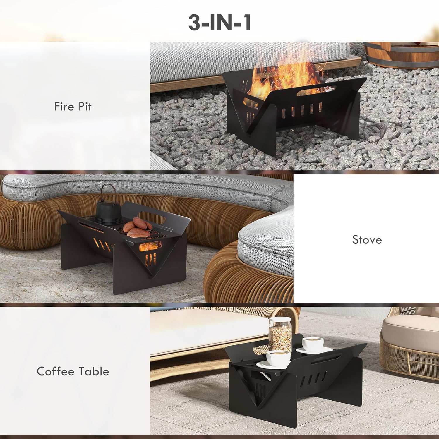 3-in-1 Portable Fire Pit Outdoor Bonfire Stove with Carrying Bag and Quick Assembly for Camping Outdoor Heating, Bonfire and Picnic