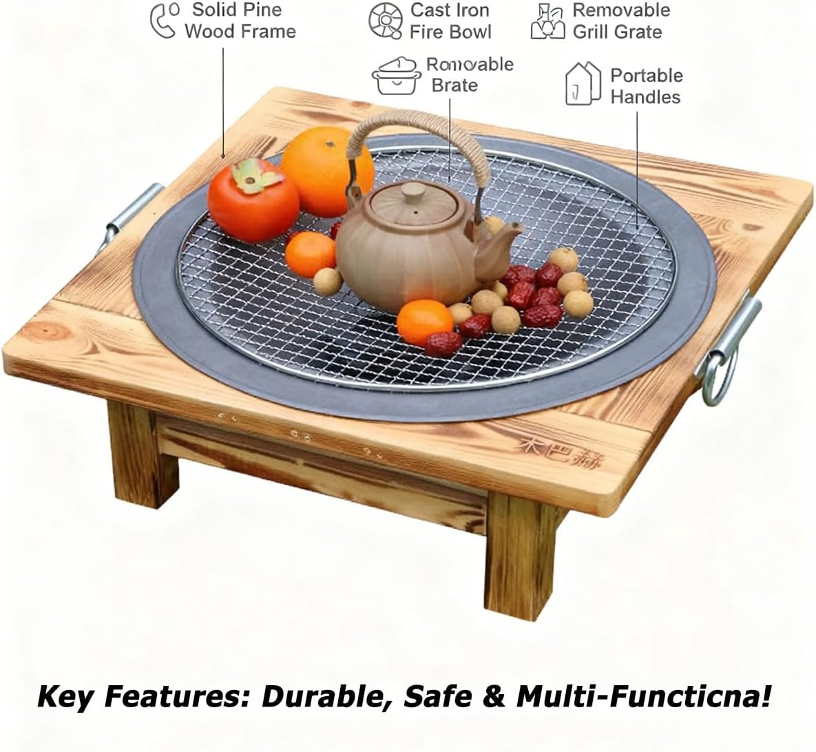 20 in Tabletop Fire Pit Tea Table - Wooden Fire Pit Table for Indoor/Outdoor Use, Portable Camping Fire Pit with Grill Grid for Tea Brewing & Food Warming &Bonfire and Picnic BBQ Grill