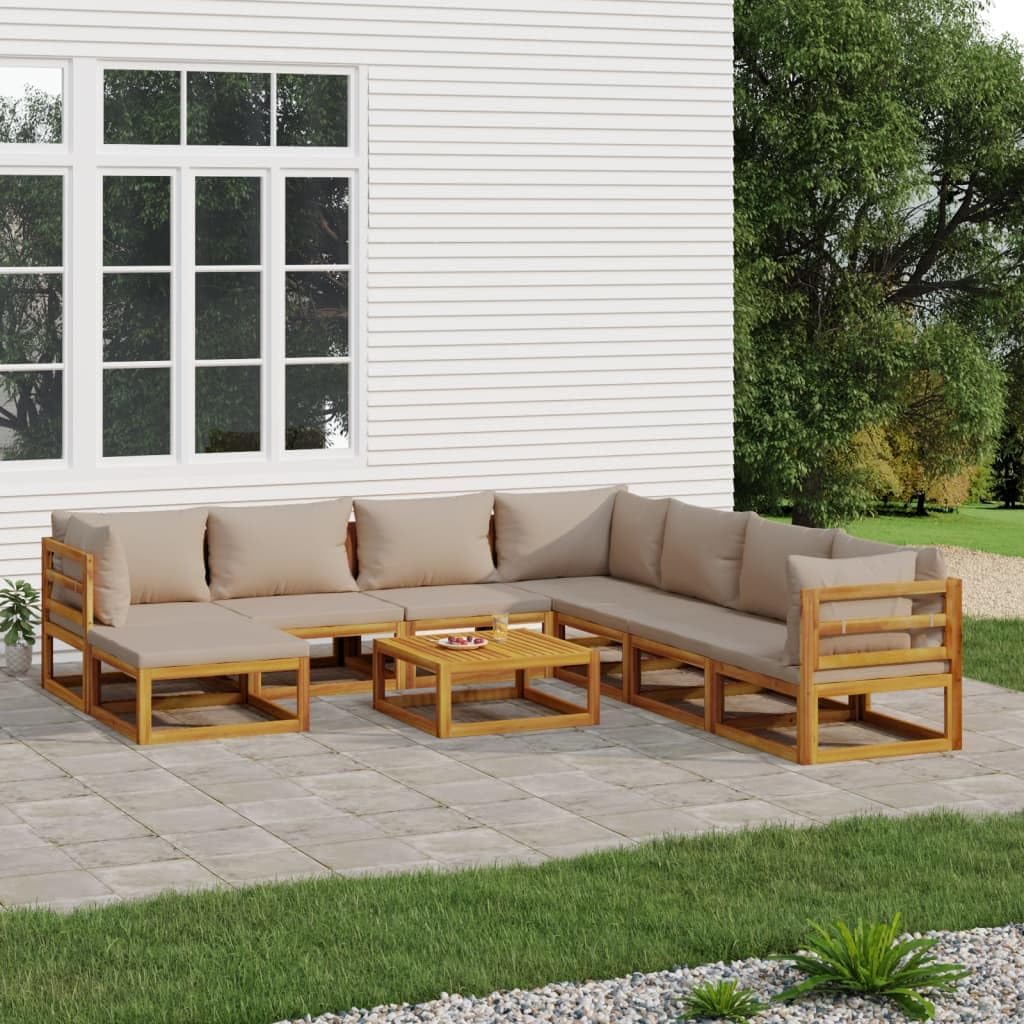 9 Piece Patio Lounge Set with Taupe Cushions Solid Wood,Elegant Acacia Wood Patio Lounge Set: Comfortable Seating and Modular Design for Your Outdoor Space Patio Furniture Sets, Outdoor Furniture Sets