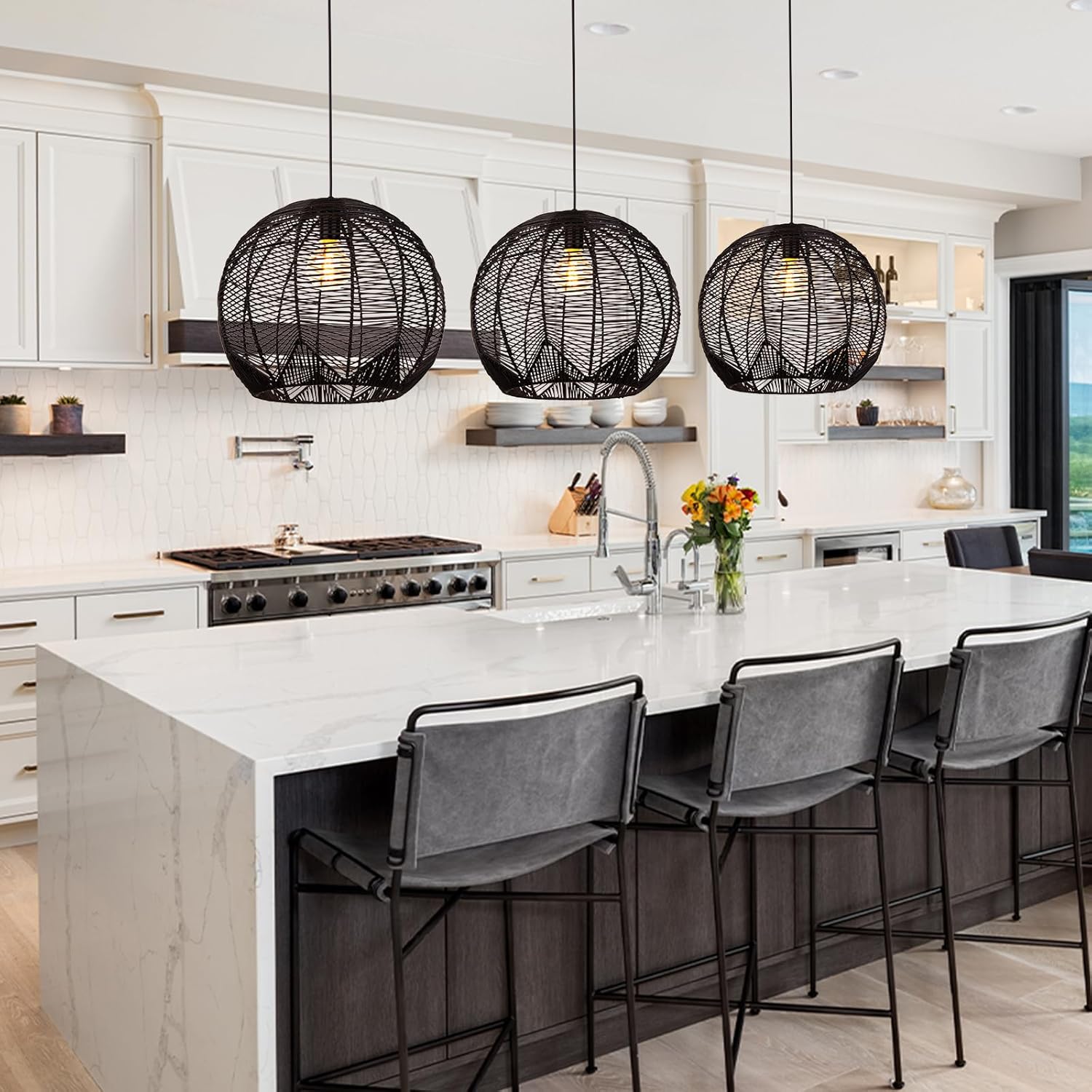 Arturesthome 1 Light Rattan Chandelier Coastal Industrial Round Wicker Hanging Light Fixture Black Pendant Lampshade for Living Room Bedroom Hotel Restaurant, 15.7