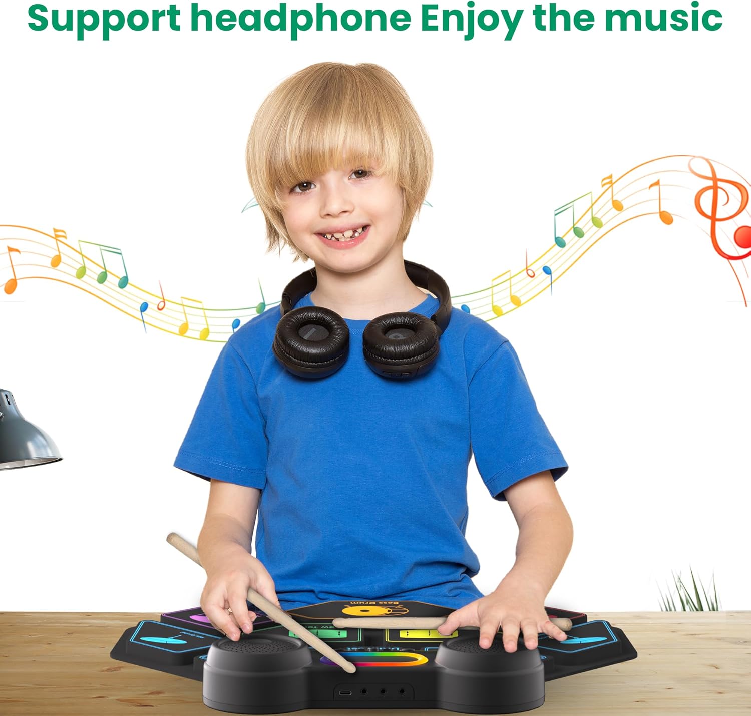 Electronic Drum Set, 9 Pads Roll Up Drum Kit, Built-in 2 Foot Pedals, Drumsticks, Headphone Jack, MIDI Support, Graphic