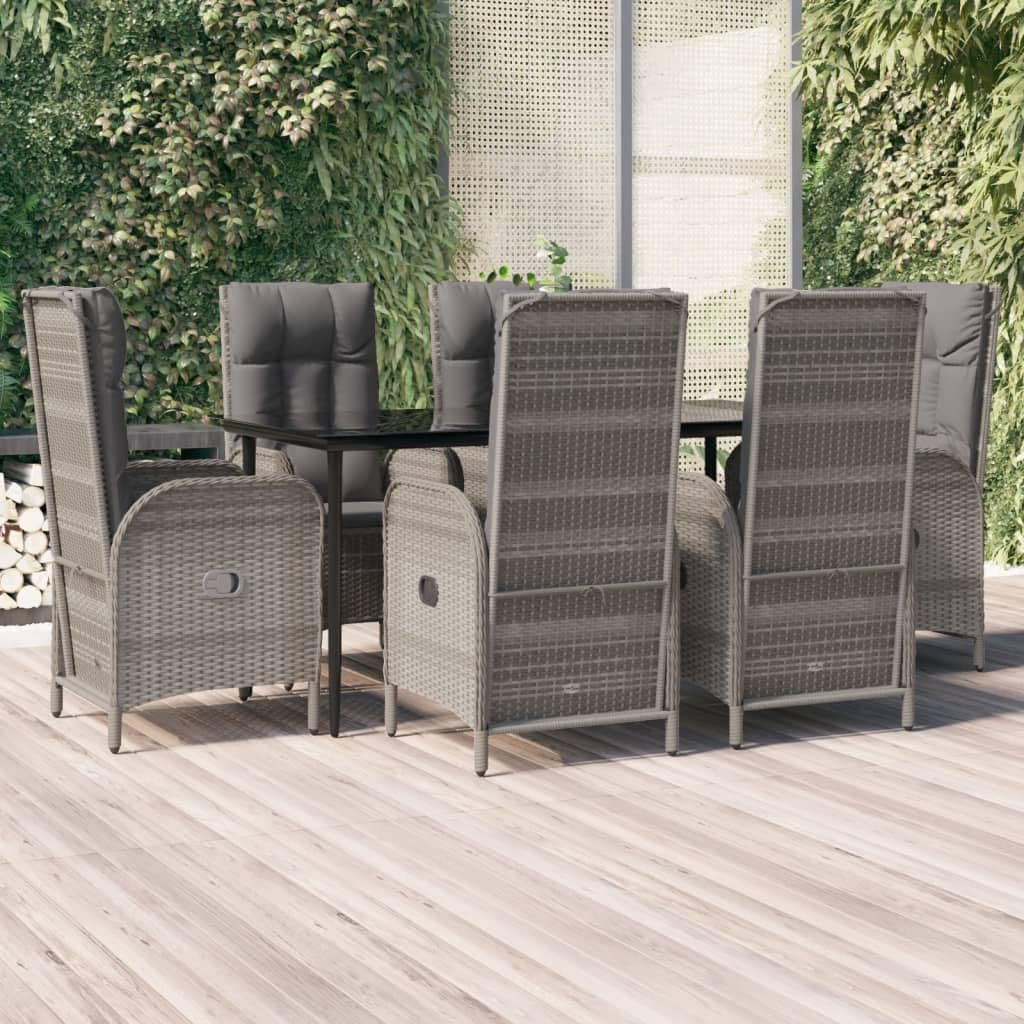 Furniture Sets 7 Piece Patio Dining Set with Cushions Black and Gray Poly Rattan,Elegant Patio Dining Set with Reclining Chairs and Tempered Glass Table for Outdoor Relaxation Garden Conversation Sets