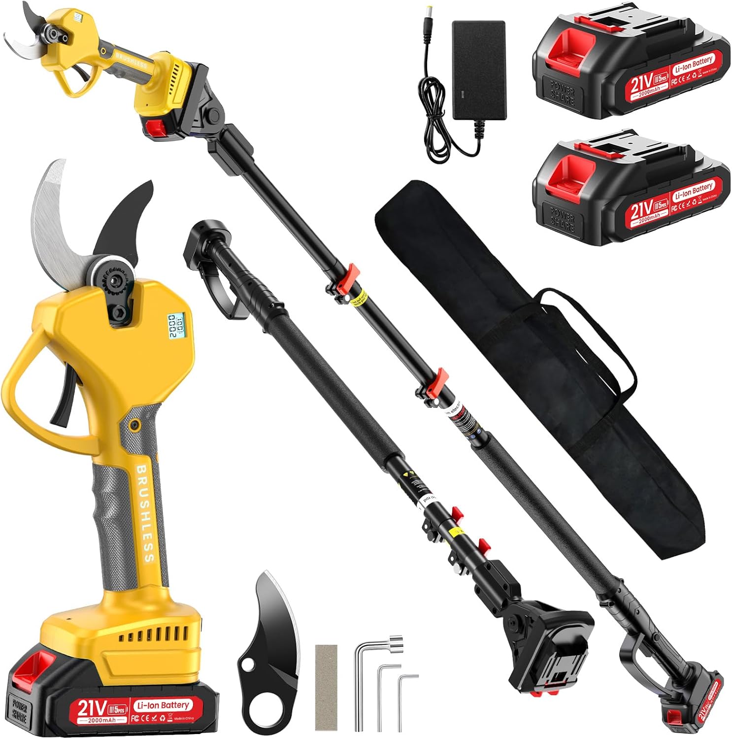 2-in-1 Pole Pruning Shears, 2.0 Inches Cutting Diameter Cordless Electric Pole Pruners - Brushless Motor, 2.0Ah*2 Batteries, SK7 Blade, 8.7FT Adjustable Branches Cutter for Tree Trimming