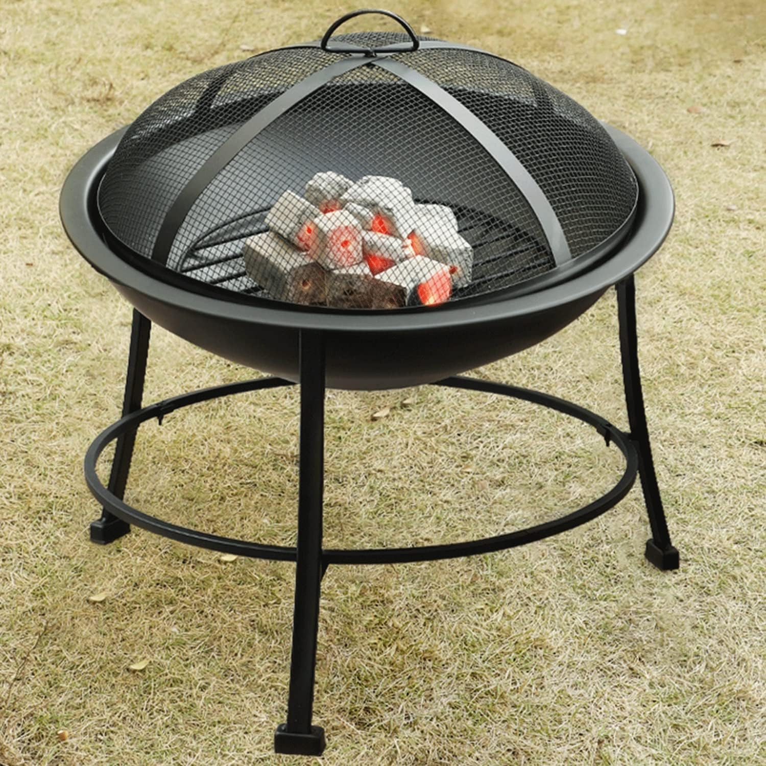 Indoor Fire Pit with Grill, Camping Stove, Large 56cm Garden Firepit, Outdoor Portable Brazier for Patio Heater Camping Bowl with Lid & Poker, Wood & Coal Burning