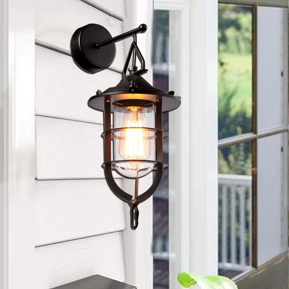 Industrial Retro Exterior Porch Wall Light, Outdoor Mounted Wall Sconce Lamp, Steel Cage Design with Glass Shade for Kitchen, Bathroom, Porch, Garage 1PC Without Bulb