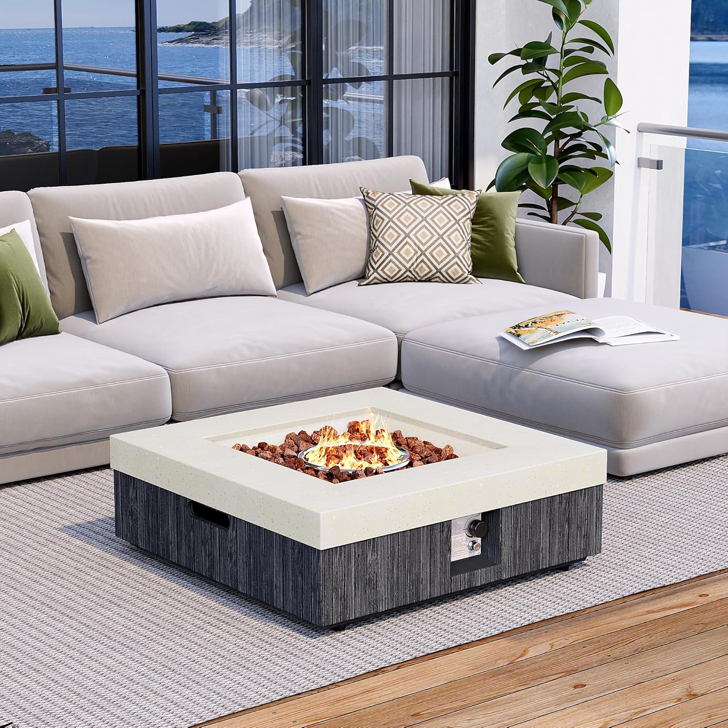 35inch Square Outdoor Propane Fire Pit Table-Black & White Finish,50000 BTU Auto-Ignition,CSA Certified,with Lava Rocks & Waterproof Cover for Patio,Garden,Deck