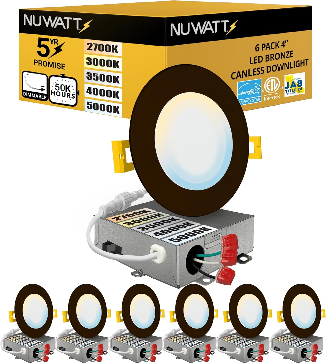 NUWATT 6 Pack 4 Inch Ultra-Thin Bronze LED Recessed Lighting, 5CCT 2700K/3000K/3500K/4000K/5000K Selectable, 630 Lumens, IC Rated, Dimmable Canless Wafer Light, Slim Panel Light, Metal J-Box, ETL