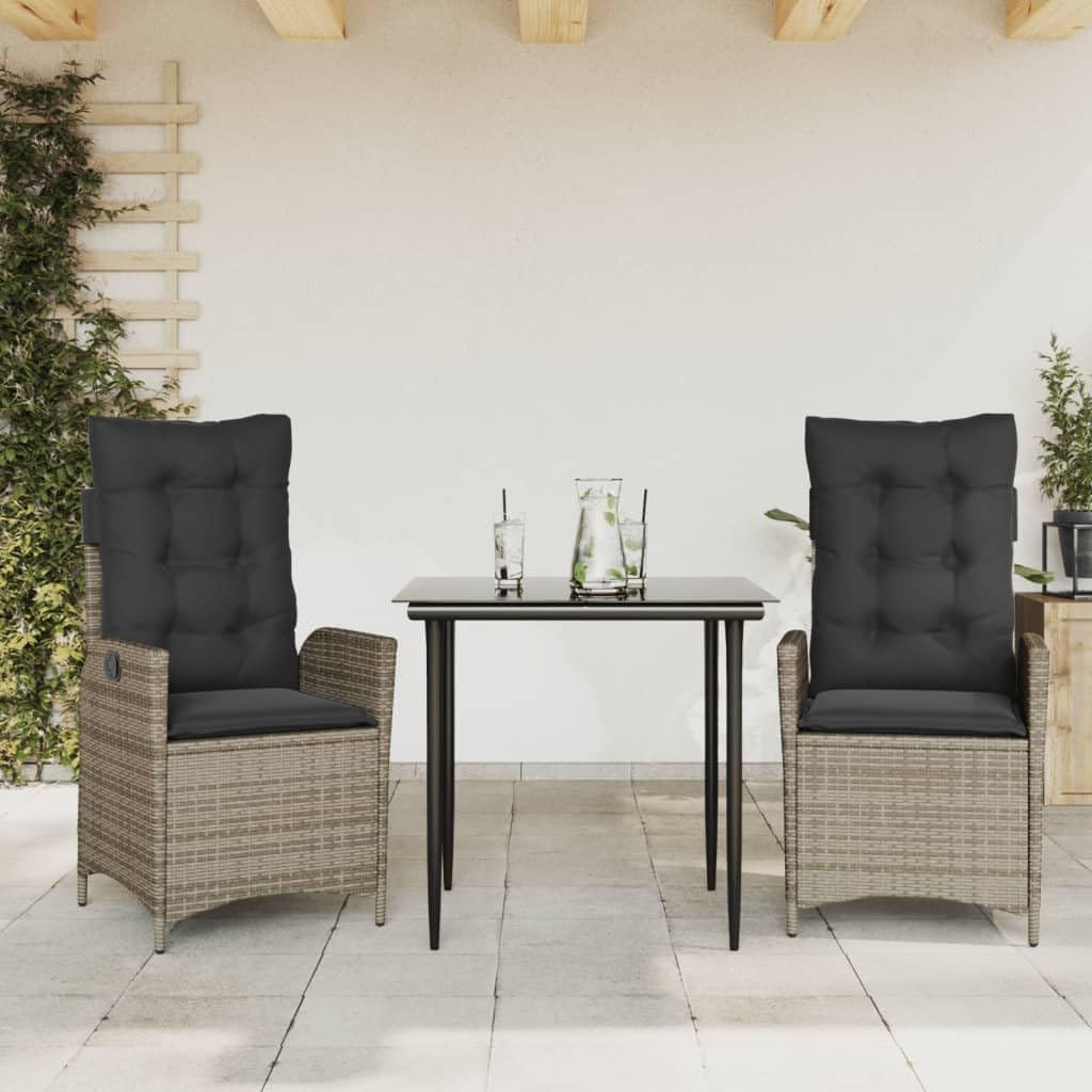 3 Piece Patio Dining Set with Cushions Gray Poly Rattan,Outdoor PE Rattan Dining Set with Adjustable Reclining Chair and Glass Table for Patio, Garden, Backyard Patio Furniture Sets, Outdoor Furniture