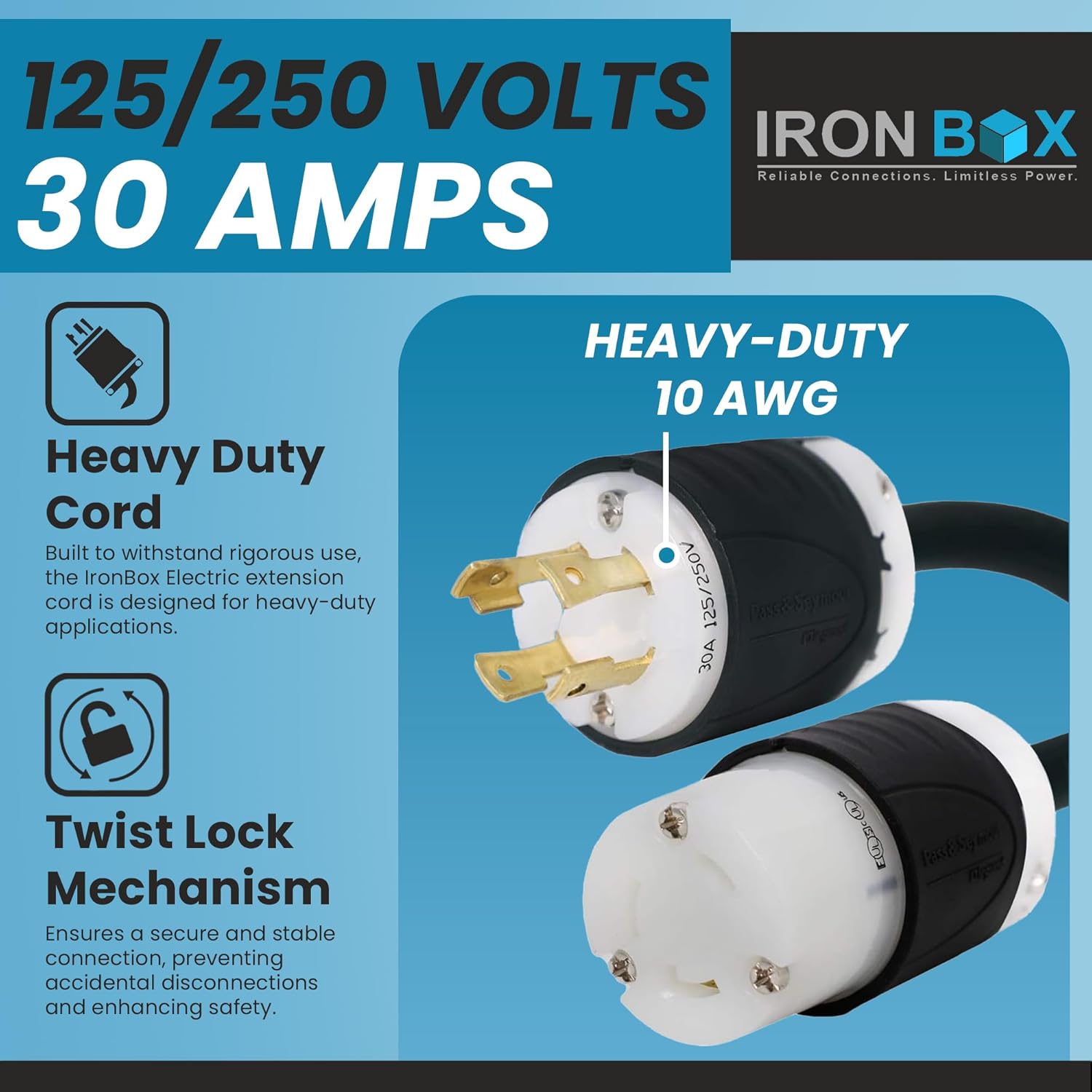 IronBox Electric NEMA L14-30P to L6-30R Plug Adapter Power Cord - 30A, 10 AWG, 125/250V - Heavy Duty UL Listed Power Cable for Generator, Outdoor, Data Centers, Camper & More (40 ft, Custom Built)