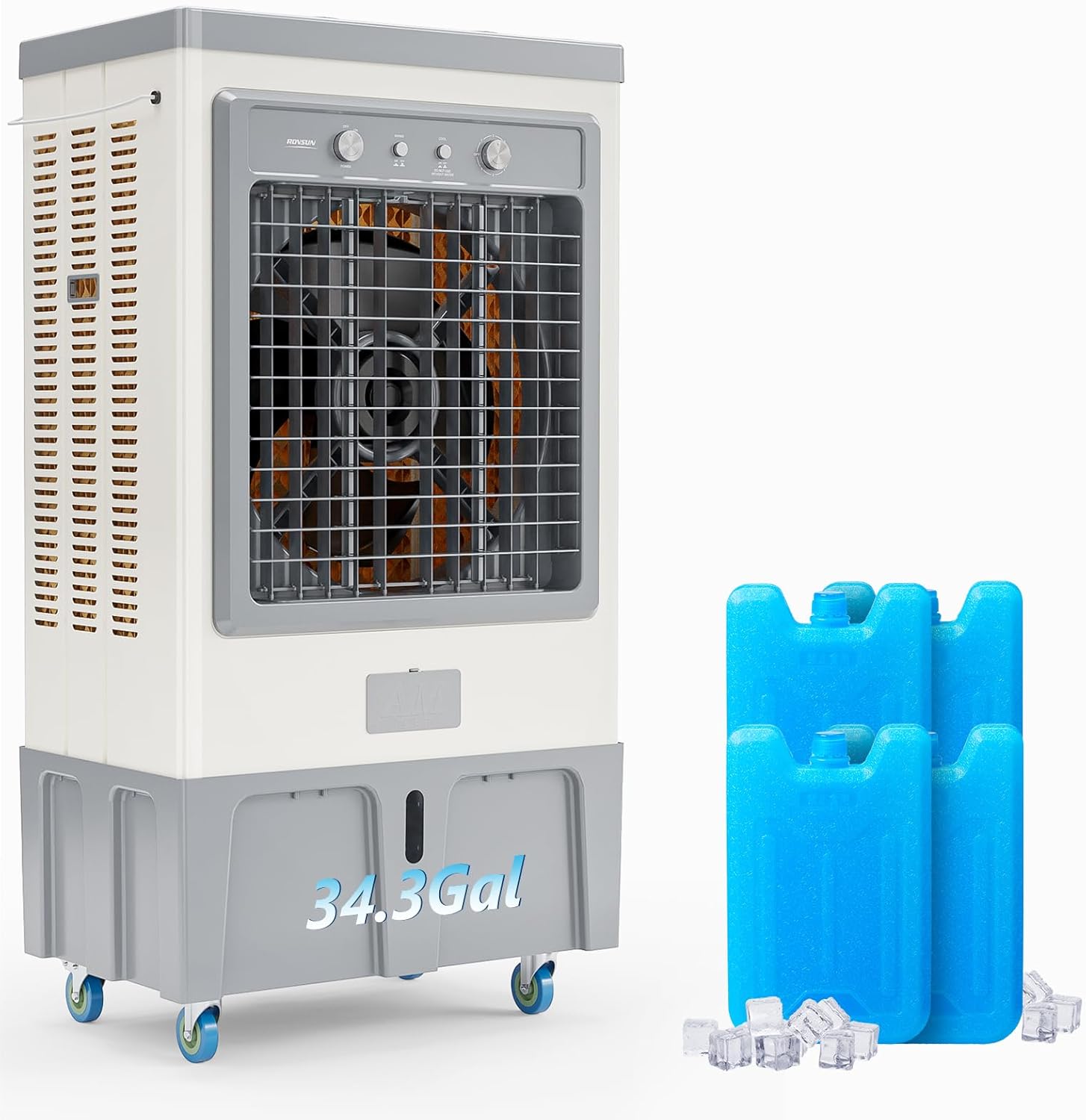 ROVSUN 34.3Gal/130L Commercial Swamp Cooler, 9000CFM Powerful Evaporative Air Cooler, 500W Strong Motor, 3 Speeds, 4 Ice Packs, 3-IN-1 Humidifying Cooling Fan for Shop, Factory, Garage