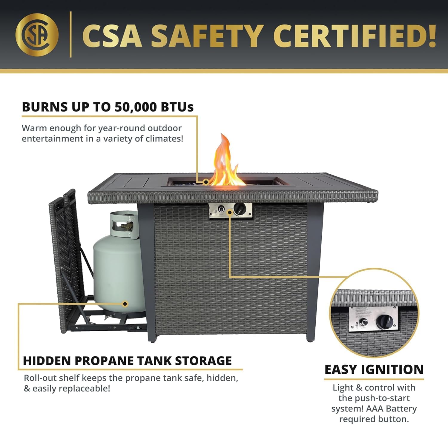 Ethan Rattan 5-Piece Patio Furniture Set with Fire Pit Table, 42-Inch Fire Outdoor Propane Pit Dining Table Conversation Set, 50,000 BTU, Includes 4 Sofa Swivel Chairs (Grey Grey)