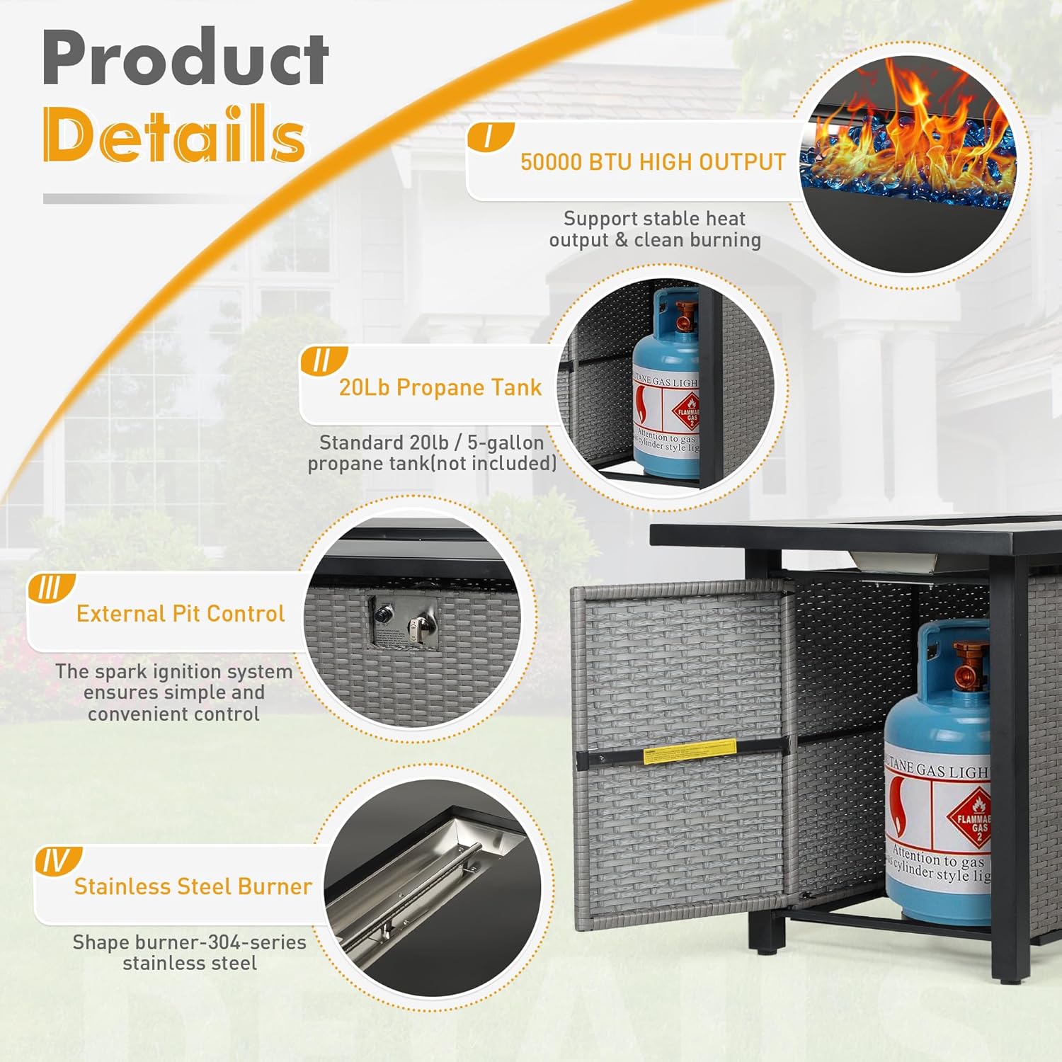 45 Inch Propane Fire Pit Table, 50,000 BTU Outdoor Rectangular Wicker Gas Fire Table with Firepit Lid, Steel Tabletop, Glass Wind Guard, Blue Glass Stone and Waterproof Cover, Grey