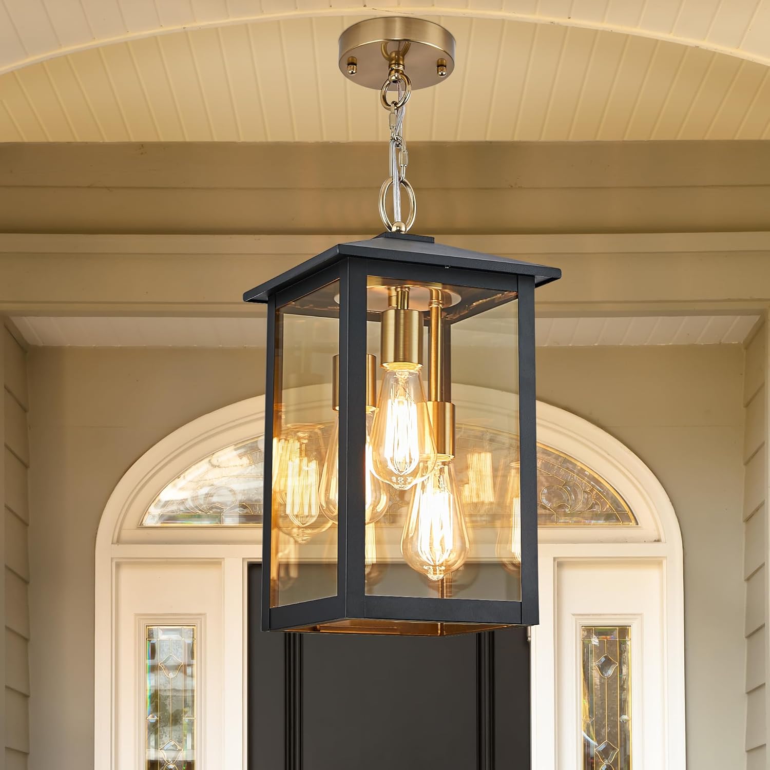 3-Lights Large Outdoor Pendant Light with Clear Glass,17Inch Ht Exterior Hanging Lantern with Textured Black,Suit for Damp Locations，Easily Installed on Your Porch & Patio Yard Garden.