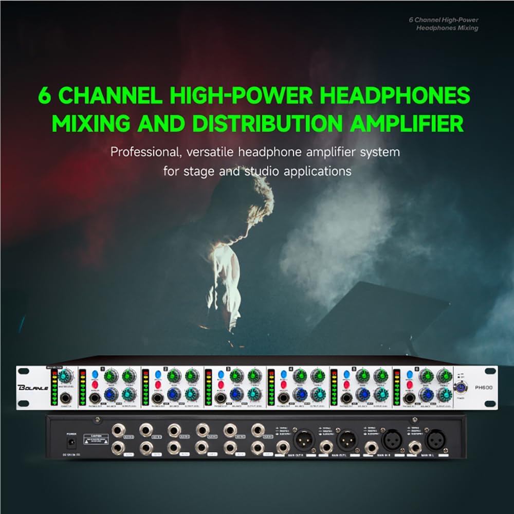 Bolanle PH6000 6-Channel Headphone Mixing Distribution Amplifier High-Power Headphone Amplifier 3.5mm & 6.35mm Jacks
