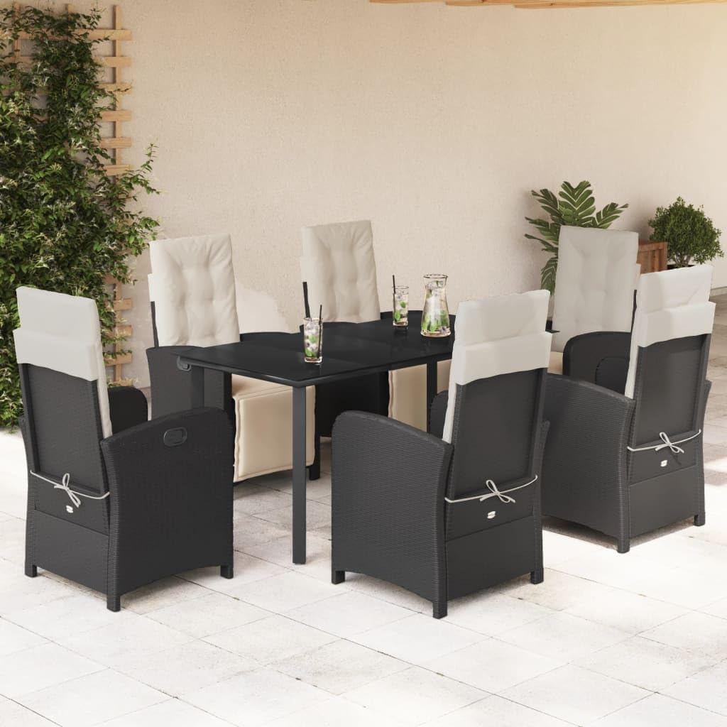 7-Piece Black Poly Rattan Garden Dining Set, Outdoor Table and Chairs, Patio Furniture Set with 6 Reclining Chairs, Weather-Resistant for Balcony, Terrace
