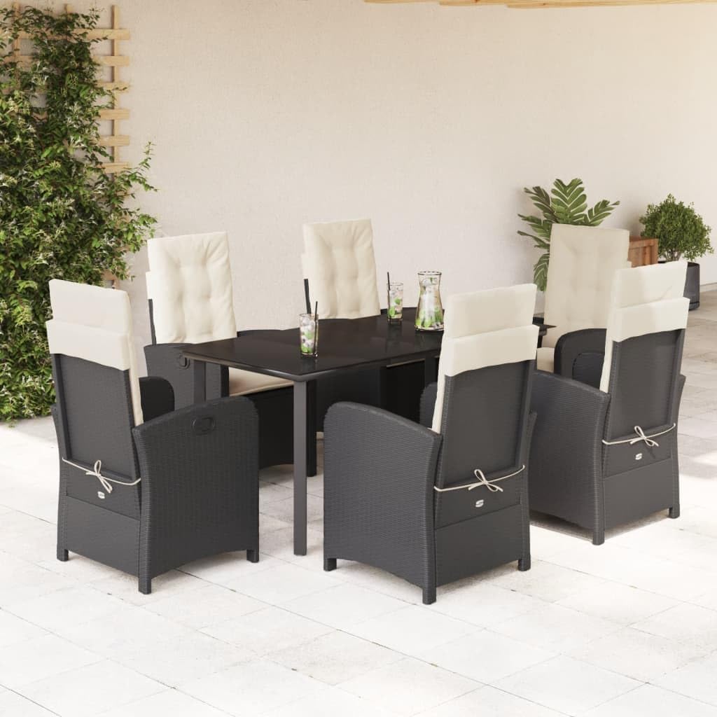7-Piece Outdoor Dining Set, Black Poly Rattan, Cream White Cushions, Powder-Coated Steel Frame, Rectangular Table, Patio Furniture for Garden, Balcony