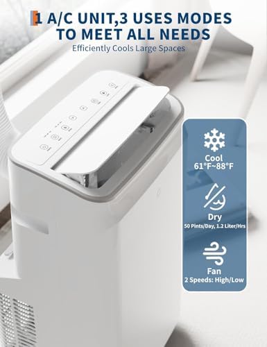 12,000 BTU Portable Air Conditioner, 3-in-1 Standing AC Unit for Cools up to 550 Sq.Ft., with Dehumidifier and Fan, Remote and LED Touch Panel, Sleep Mode, Window Kit, Quiet Operation, White Top