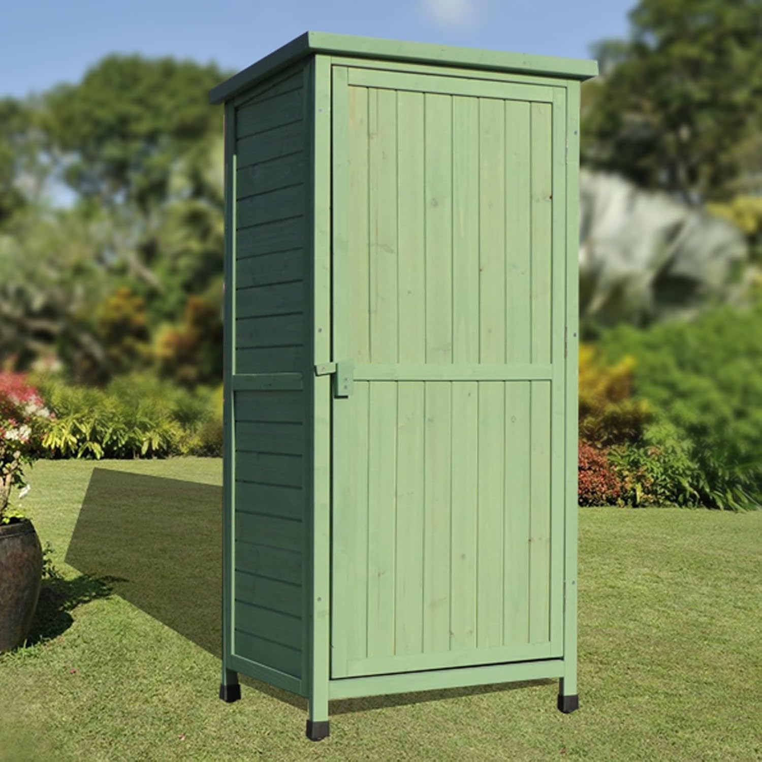 Garden Wooden Storage Shed, Solid Wood Tool Cabinet Organizer W/Wooden Latches and Water-Proof Roof for Patio, Backyard, Lawn, Natural (One Color Green)