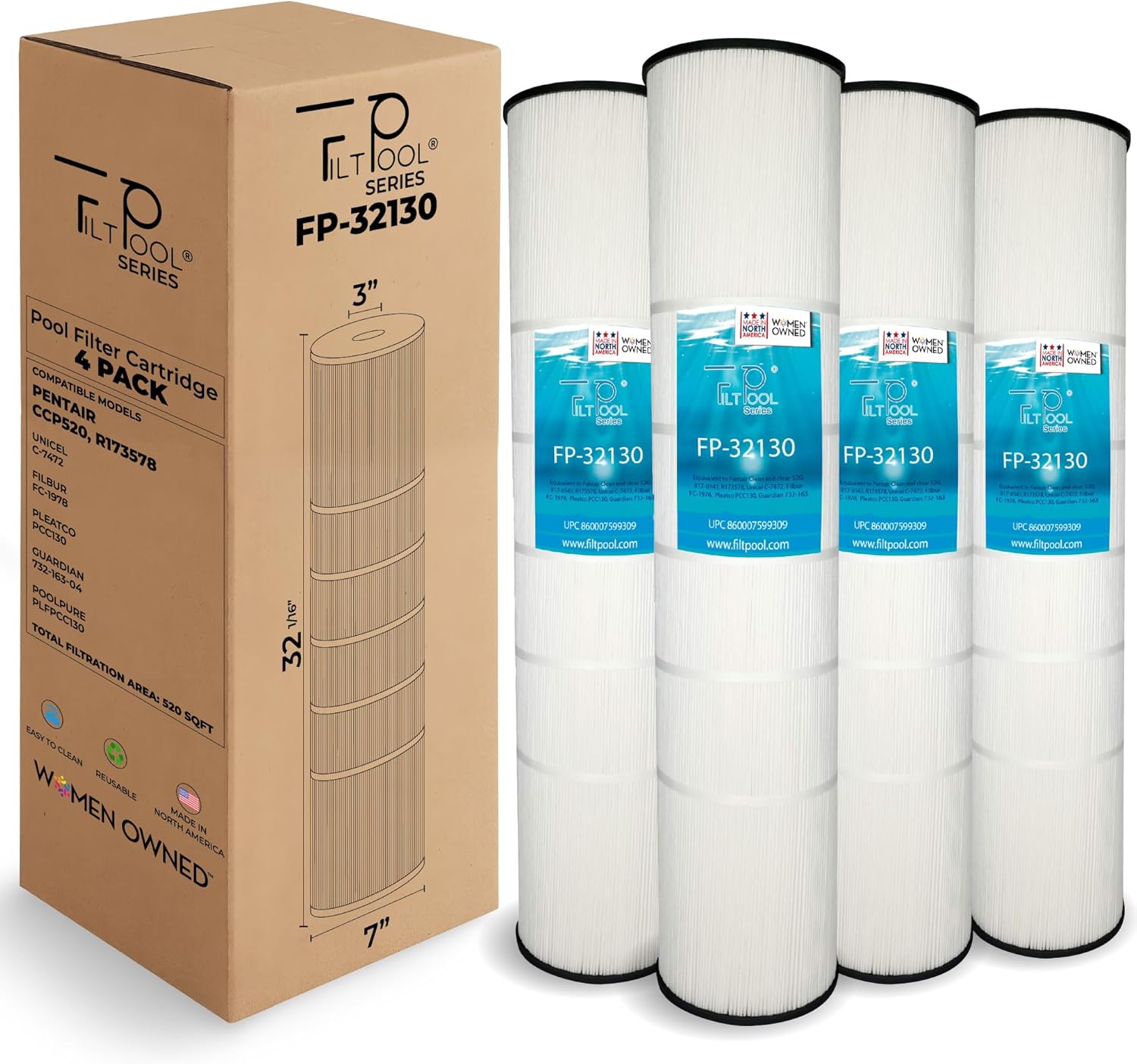 FP-32130 - Pool Filter Replacement for Pentair CCP420, R173476, PCC105, Unicel C-7471, Filbur FC-1977, Guardian 726-168-04 & PLF105A - Swimming Pool Cartridge Filter - 4 Pack, 145 SQFT