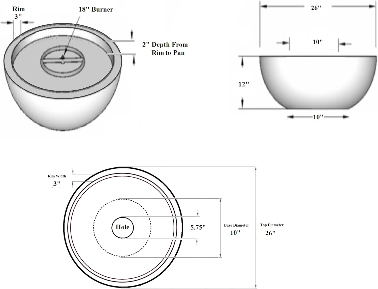 26 Inch Hammered Copper Bowl Round Propane or Natural Gas Fire Pit with 12 inch Diameter Burner Ring 92,000 BTU