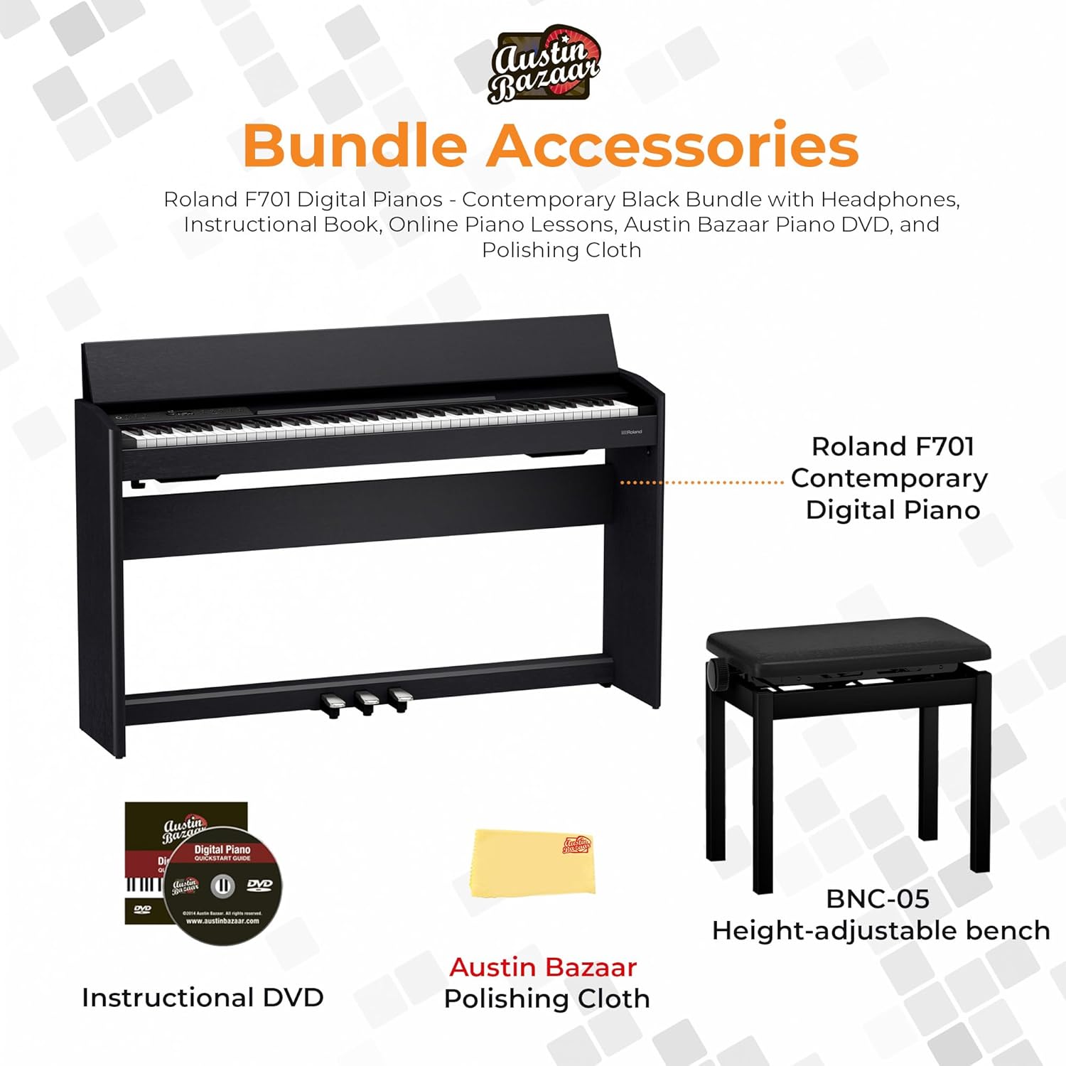 Roland F701 Digital Pianos - Contemporary Black Bundle with Headphones, Instructional Book, Online Piano Lessons, Austin Bazaar Piano DVD, and Polishing Cloth
