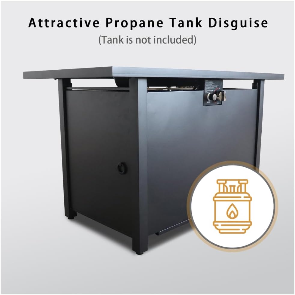 42 Inch Steel Outdoor Fire Pit Table with Lid and Lava Rocks, Propane Gas Firepit for Patio Garden Backyard with Glass Wind Guard