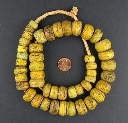 The Bead Chest Antique Yellow Hebron Kano Beads 18mm Sudan African Cylinder Glass Large Hole 26 Inch Strand Handmade