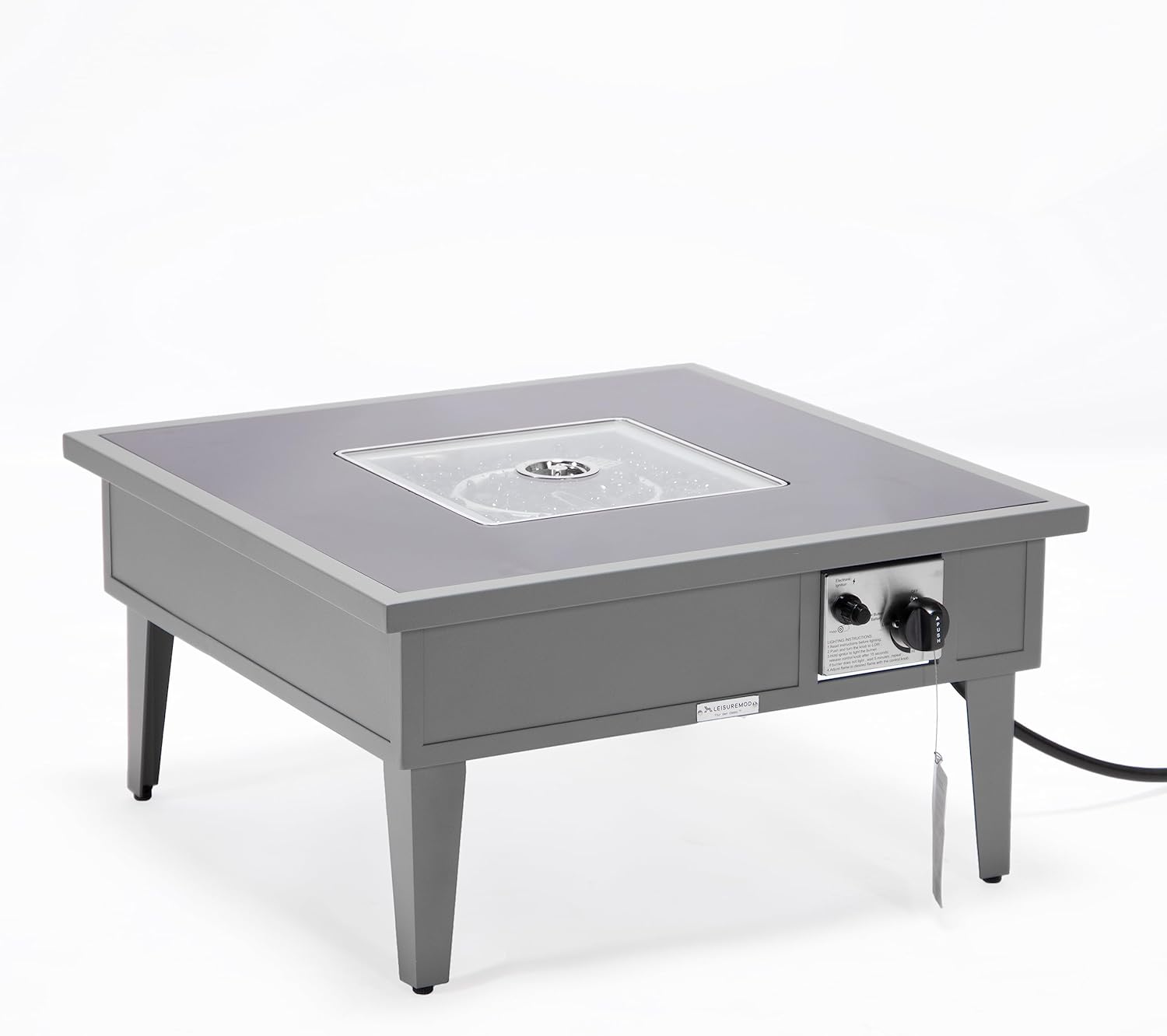 LeisureMod Walbrooke Modern Outdoor Square Fire Pit Table with Powder-Coated Aluminum Frame for Patio and Backyard Garden, Grey
