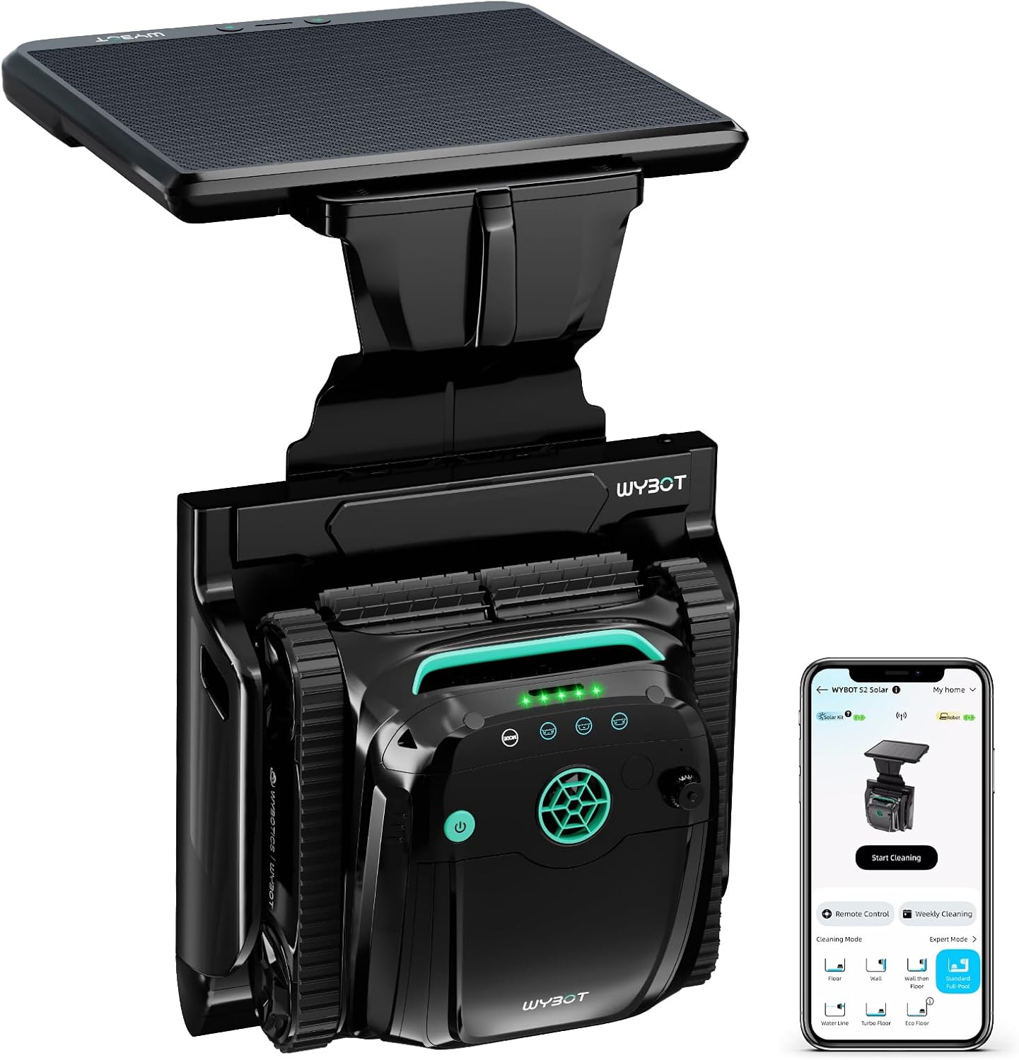 WYBOT S2 Solar Pool Vacuum Cleaner for Inground Pools, 7 Modes & 7 Paths, Brushless Motor, Auto Return & Charge, 2.5h Runtime, Dual Filtration, App Control, Covers 3,229 Sq.Ft, Black&Green