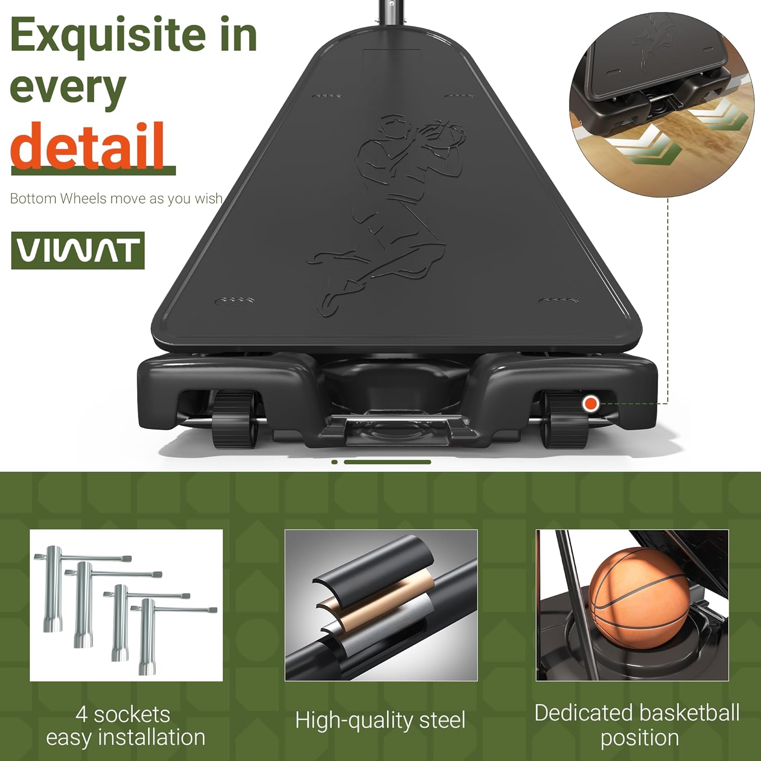 VIWAT Basketball Hoop Outdoor 4.4-10FT Adjustable Kids Basketball Hoop Indoor Basketball Goal 45’’PC Shatterproof Backboard Portable Toddler Basket Ball Hoop for Kids/Adult Basketball Accessories Net