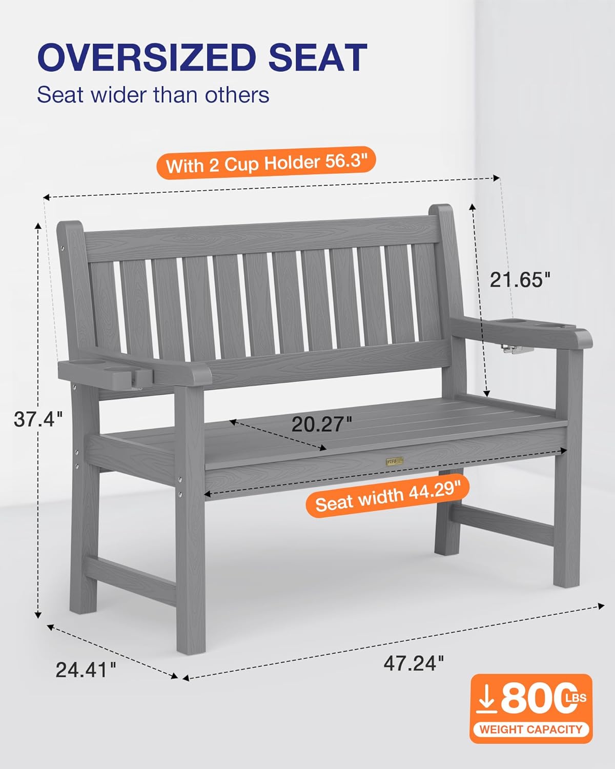 YEFU Outdoor Bench for Patio Waterproof: Heavy Duty 2-Person Garden Bench Set of 2 with 2 Cup Holders & Oversized Seating - HIPS Weatherproof Patio Benches for Front Porch Backyard Park, Grey